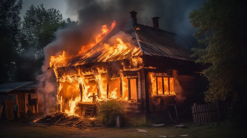 Под Красноярском разъяренная жена сожгла дом вместе с тремя собутыльниками мужа. Фото сгенерировано нейросетью midjourney.com по материалам статьи