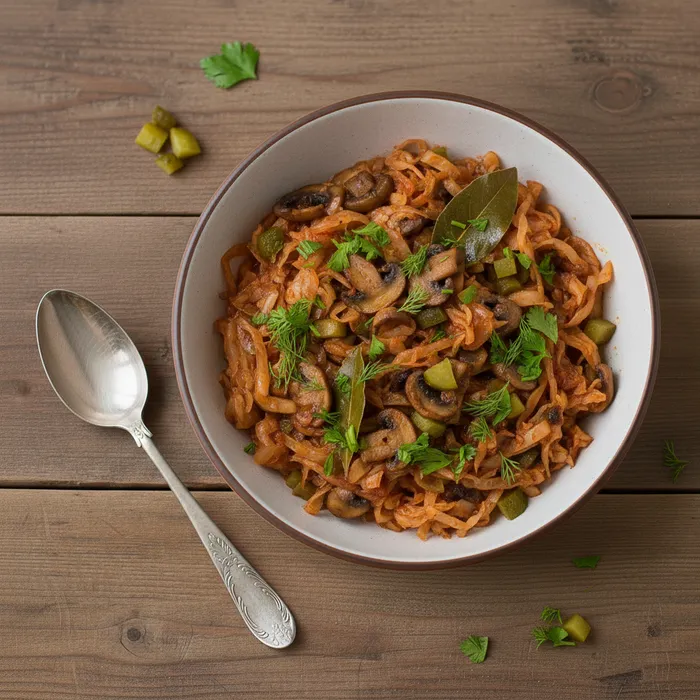 Солянка из капусты с грибами. Фото сгенерировано нейросетью Nano Banana