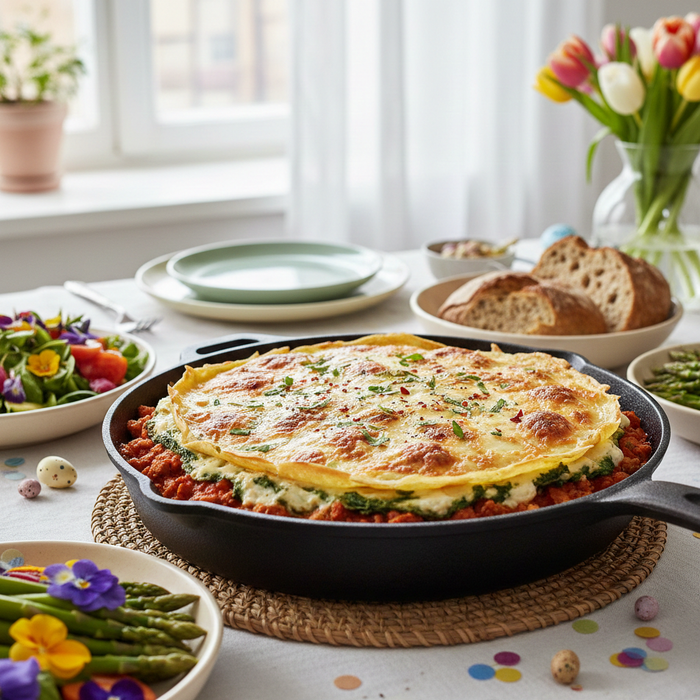 Блинная «лазанья» на сковороде. Фото сгенерировано нейросетью Nano Banana