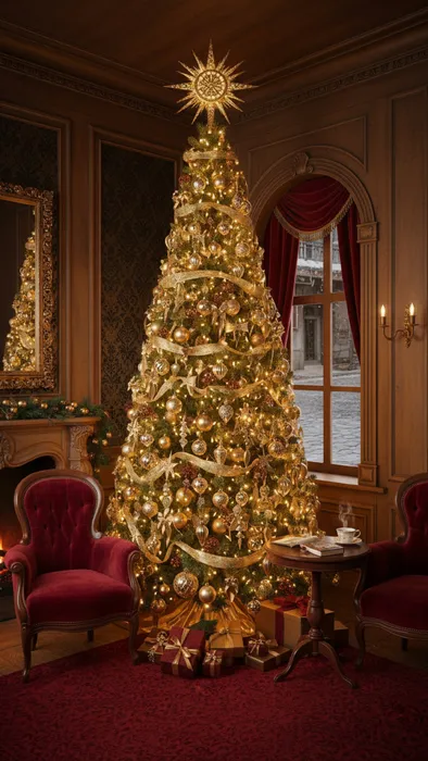 Новогодняя ель в стиле Мелании Трамп. Вариант золотой роскоши. Фото сгенерировано нейросетью Nano Banana