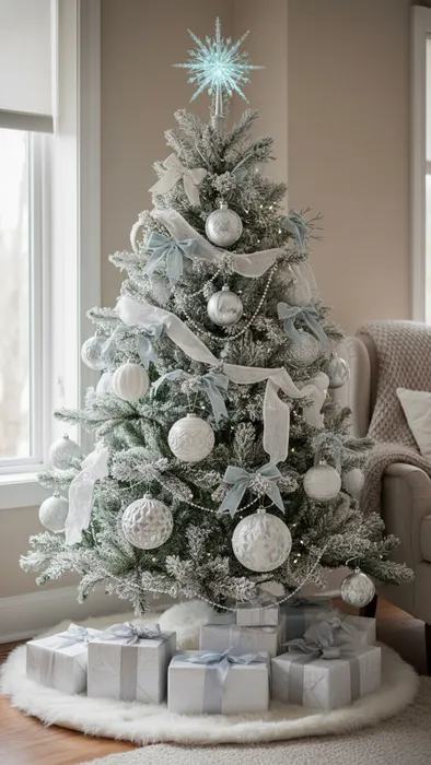 «Снежная» елка в белоснежно-ледовых оттенках. Фото сгенерировано нейросетью Nano Banana