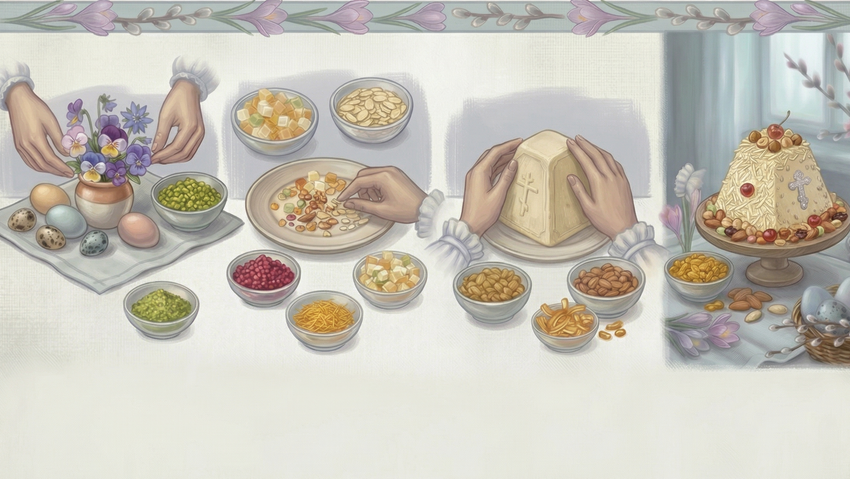 Лучшие украшения для творожной пасхи. Коллаж: Сорокина Екатерина, фото сгенерировано нейросетью Nano Banana