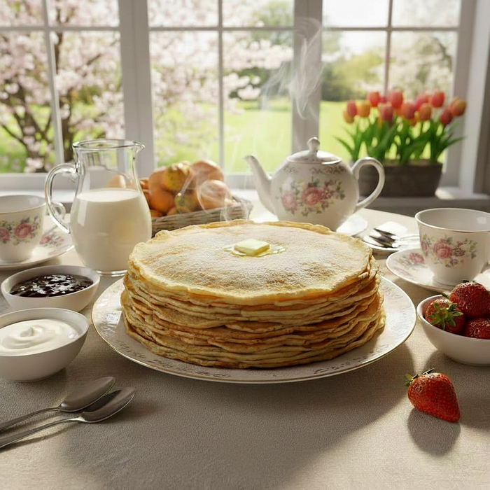 Заварные блины на молоке и кипятке. Фото сгенерировано нейросетью Nano Banana