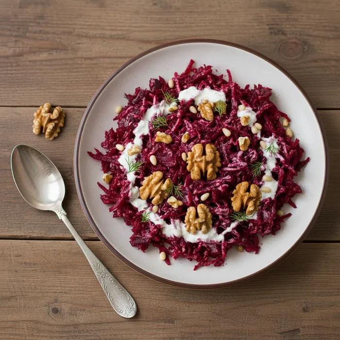 Салат из запеченной свеклы и орешками. Фото сгенерировано нейросетью Nano Banana