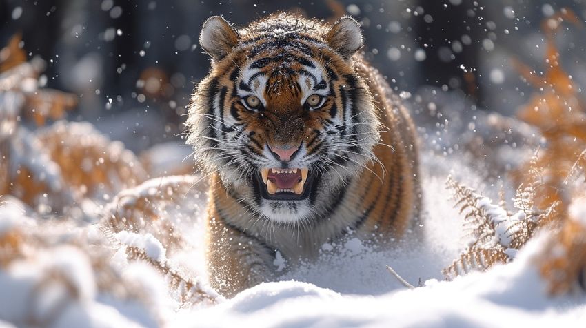 В Приморье тигр-людоед загрыз 23-летнего парня, который ехал на снегоходе. Фото сгенерировано нейросетью midjourney.com по материалам статьи
