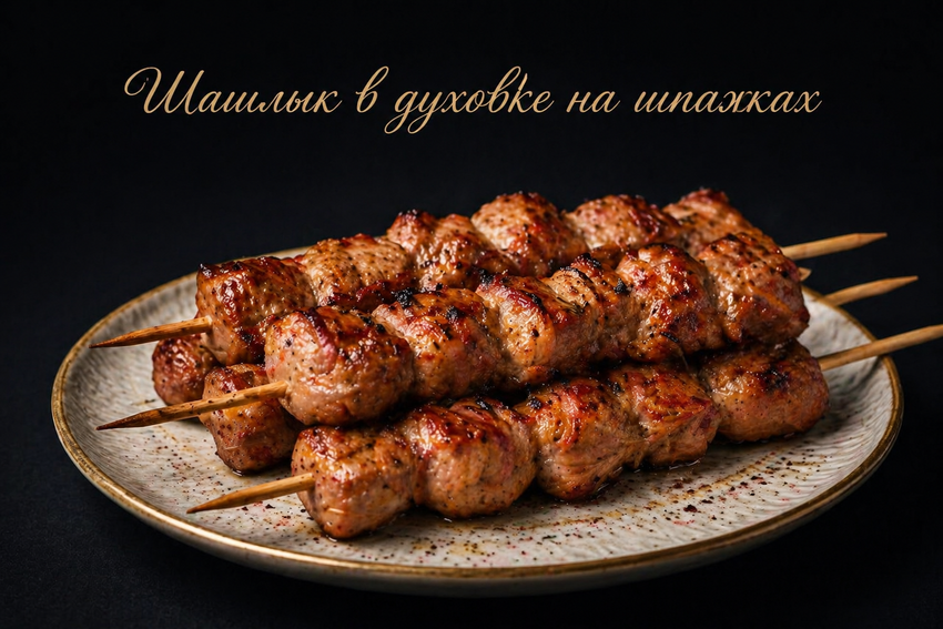 Шашлык в духовке на шпажках. Фото сгенерировано нейросетью GPT Images