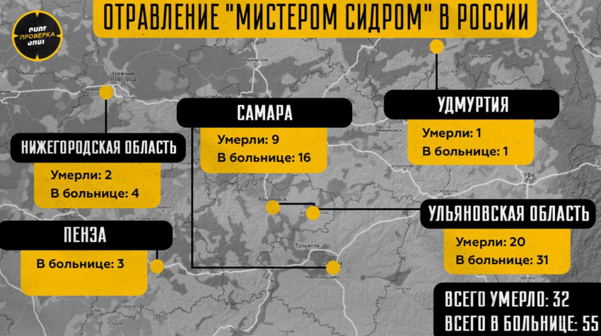 Карта отравления напитком «Мистер сидр» в России. Инфографика: t.me/shot_shot