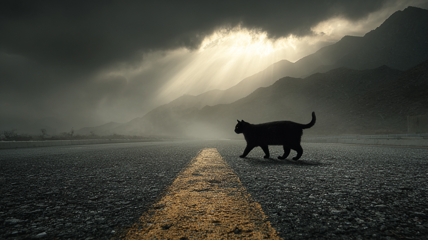 Самая известная примета – это если черная кошка перешла дорогу – к неудаче. Фото сгенерировано нейросетью Midjourney