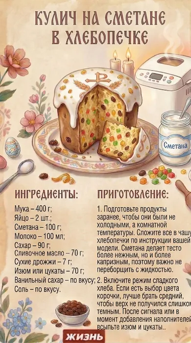 Кулич на сметане в хлебопечке. Коллаж: Сорокина Екатерина, фото сгенерировано нейросетью Nano Banana