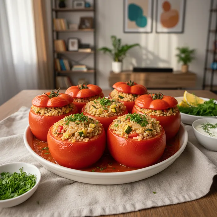 Фаршированные булгуром томаты. Фото сгенерировано нейросетью Nano Banana