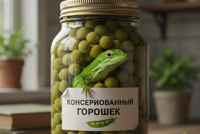 На Кубани женщина нашла в банке консервированного горошка мертвую ящерицу. Фото сгенерировано нейросетью Perplexity по материалам статьи.