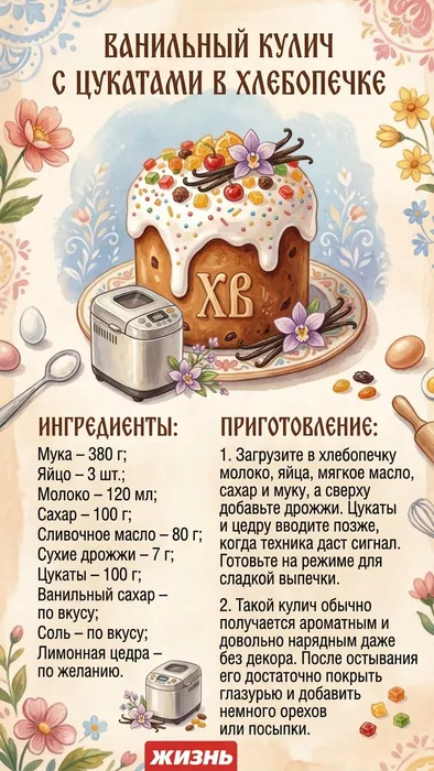 Ванильный кулич с цукатами в хлебопечке. Коллаж: Сорокина Екатерина, фото сгенерировано нейросетью Nano Banana
