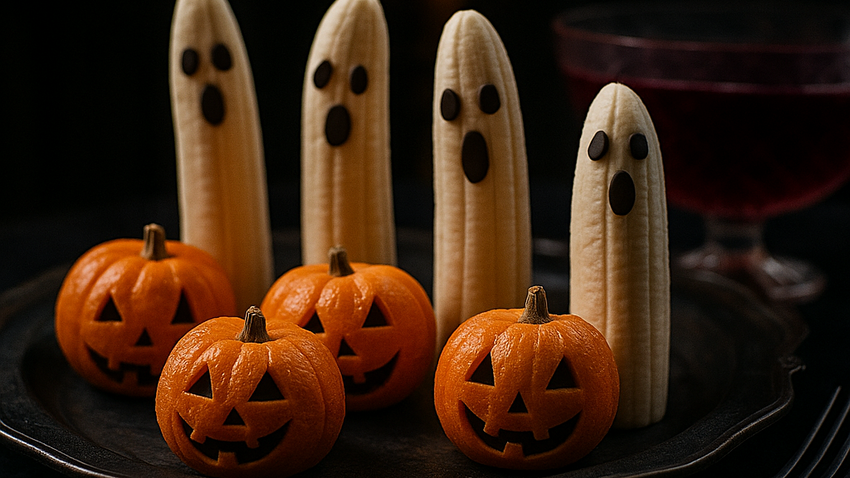 Закуска «Мандариновые тыквы и банановые призраки». Фото сгенерировано нейросетью GPT-Image