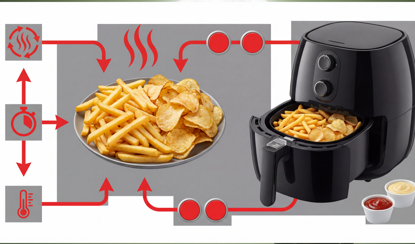 Картофель фри без масла и чипсы в аэрогриле. Фото сгенерировано нейросетью Nano Banana