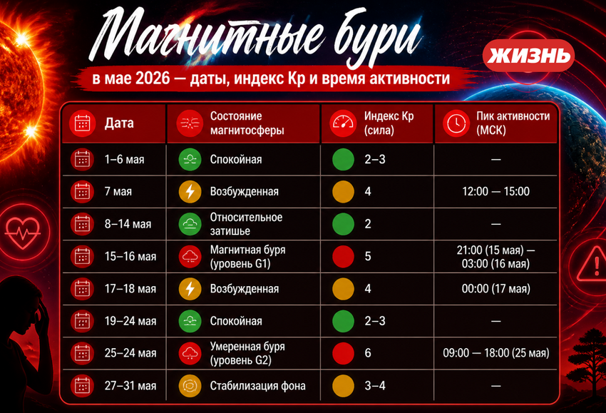Магнитные бури в мае 2026 года: даты, индекс Кр и время активности. Коллаж: Сорокина Екатерина