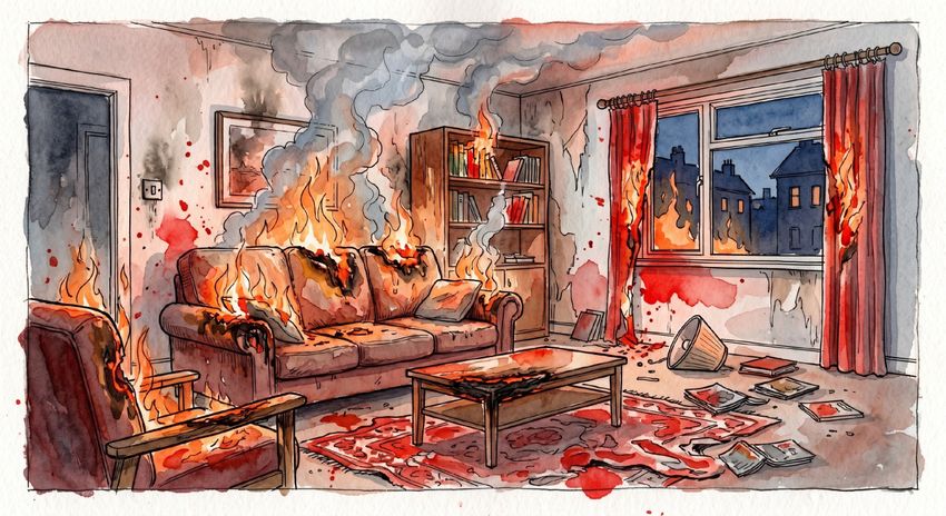 Пожар в доме или квартире. Фото сгенерировано нейросетью Nano Banana