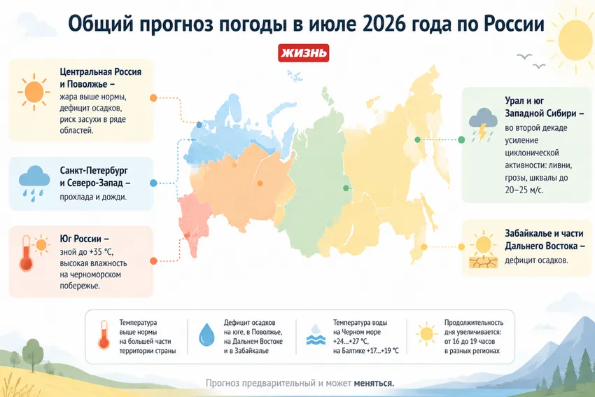 Общий прогноз погоды в июле 2026 года в России. Коллаж: Сорокина Екатерина